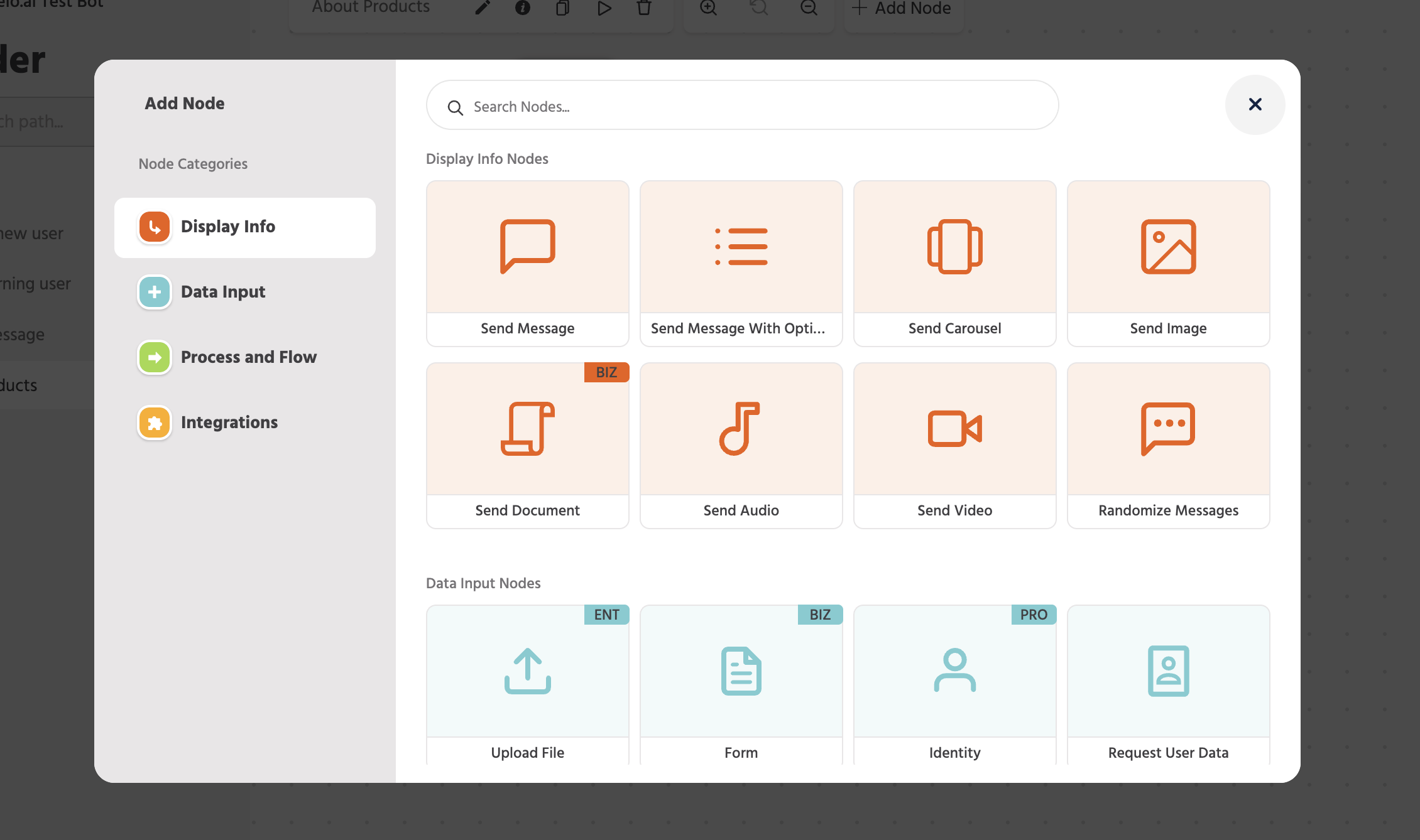 Interface view showing a product section being added using a carousel node to display multiple items in a scrollable format within a workflow or messaging layout.